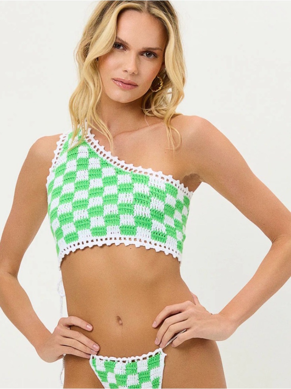 Frankie's Bikinis Checkered Crochet One-Shoulder Crop Top